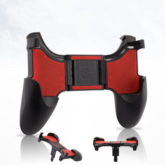 Black and red foldable game handle for mobile phones, shown extended and folded, with ergonomic grips.