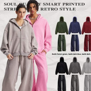 Men's pink washed full-zip hooded jacket and matching sweatpants set, featuring a relaxed fit and drawstring details.