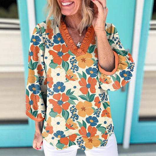 Blusa Casual Escote V Estampado Floral
