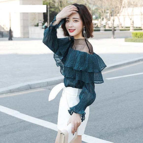 Blusa Hombro Descubierto Manga Larga Voluminosa en Gasa