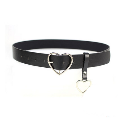 Black imitation leather belt with a silver heart-shaped pin buckle and a dangling silver heart charm.