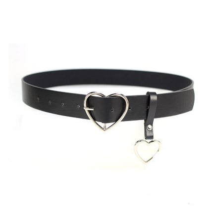Black imitation leather belt with a silver heart-shaped pin buckle and a dangling silver heart charm.