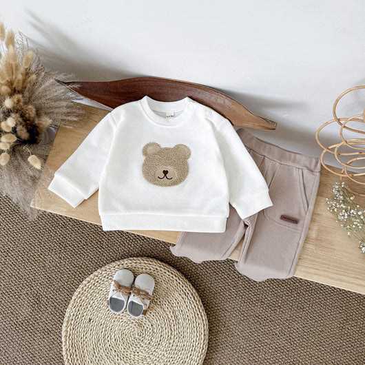 White long-sleeve baby hoodie with a brown bear print and matching ribbed beige sweatpants set. - Image 15