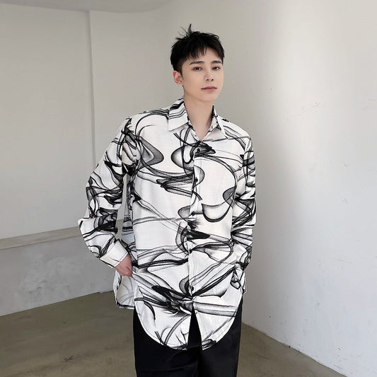 Camisa Hombre Estilo Tendencia con Estampado de Tinta en Algodón y Lino - Image 2