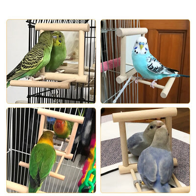 Natural wood bird stand with a double-sided mirror, featuring perches and metal hooks for small birds. - Image 5