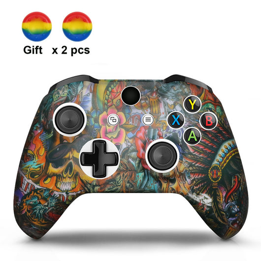 White silicone sleeve for game controller with colorful graffiti pattern, includes two rainbow thumbstick caps. - Image 15