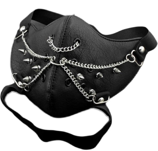 Black leather half-face mask with brass chains, spikes, and gear accents, featuring adjustable elastic straps. - Image 14