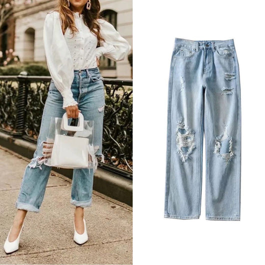 Pantalones Vaqueros Azul Claro Rotos Rectos para Mujer - Image 12
