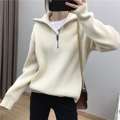 Suéter Pullover con Cuello Solapa Amplio y Cierre de Cremallera para Mujer - Image 9
