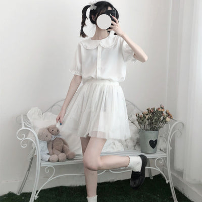 Blusa Lolita Japonesa Soft Girl de Verano con Mangas Abullonadas