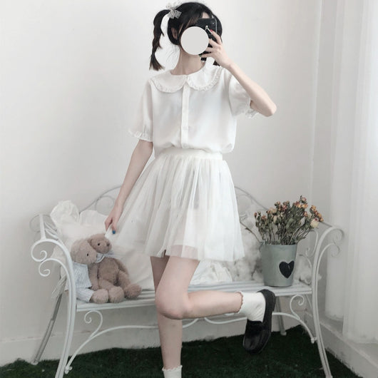 Blusa Lolita Japonesa Soft Girl de Verano con Mangas Abullonadas