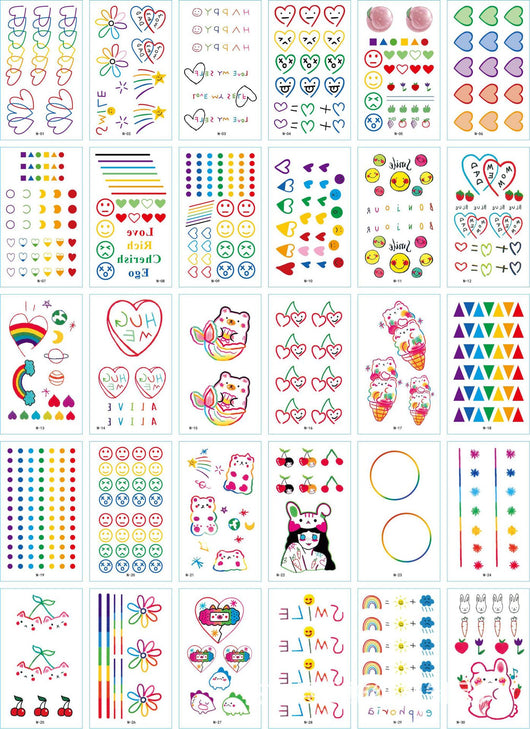 Set of 30 temporary tattoo stickers featuring pink and purple butterflies, flowers, bunnies, and moon designs. - Image 20