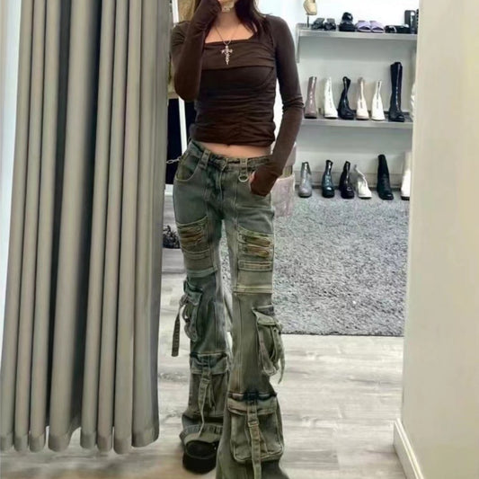 Pantalones Cargo Acampanados Desgastados Multi-bolsillos