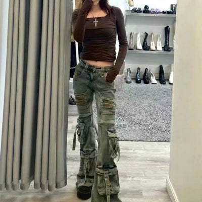 Pantalones Cargo Acampanados Desgastados Multi-bolsillos