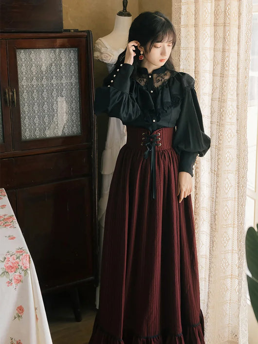 Conjunto Retro Elegante: Blusa Manga Larga y Falda Midi - Image 17