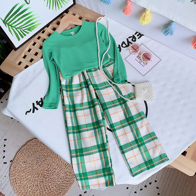 Conjunto Infantil: Blusa Cuadrille + Pantalón Ancho Elegante