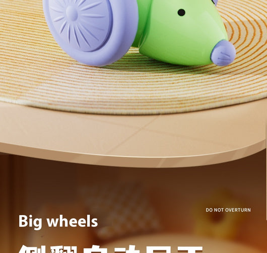 Green and purple electric mouse car cat toy with a glowing tail on a woven mat, designed for interactive play. - Image 10