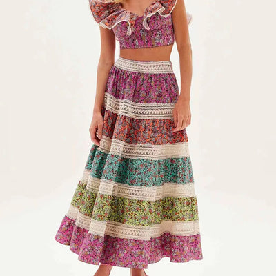 Conjunto Falda y Top Calado con Contraste de Colores