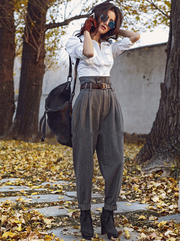 Pantalones de Lana a Rayas Retro Cintura Alta Slim Fit