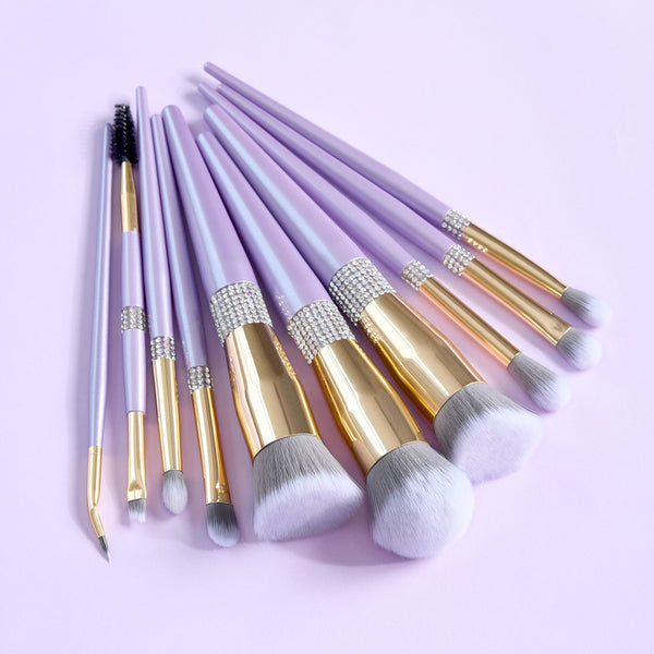 Set de 10 Brochas de Maquillaje Púrpura Lila con Detalles de Diamante