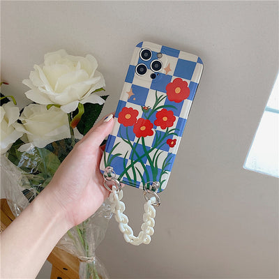 Funda para Celular Cuadros Azules con Flor Roja