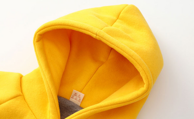 Bright yellow baby hooded sweater with "OH, YES." text, long sleeves, ribbed cuffs, and a kangaroo pocket. - Image 12