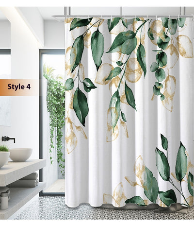 White shower curtain with a vibrant green botanical leaf print, hanging in a bright, modern bathroom. - Image 10
