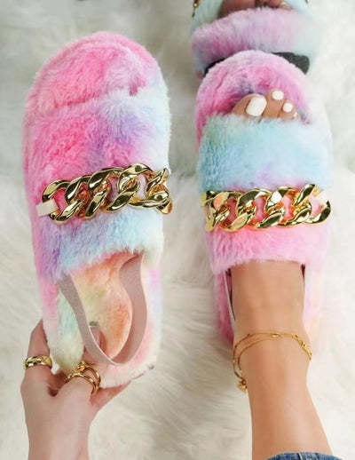 Pantuflas Étnicas Leopardo con Cadena Metálica y Felpa Suave - Image 3