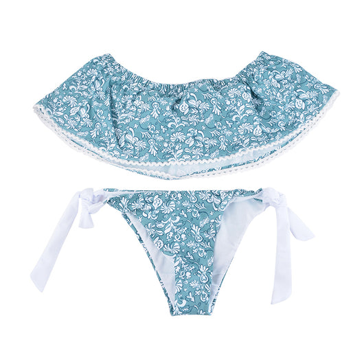 Bikini Strapless Azul Claro con Patrón Floral y Abertura Lateral - Image 5