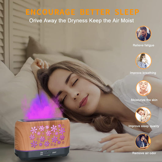 Wood grain humidifier with snowflake pattern, emitting blue flame-like mist, shown with remote control and other color options. - Image 3