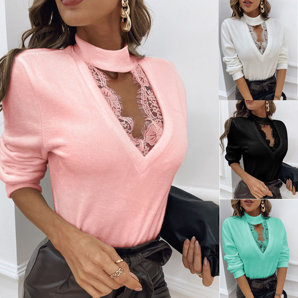 Blusa Primavera Manga Larga Encaje Escote V Mujer