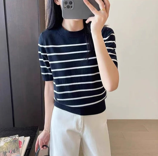 Blusa Tejida de Rayas con Cuello Redondo y Manga Corta para Mujer - Image 3