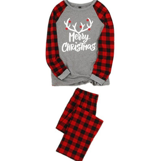 Baby's Christmas pajama set with grey 'Merry Christmas' reindeer top and red and black buffalo plaid pants. - Image 7