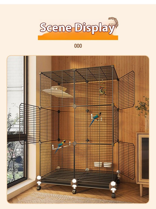 Large black metal bird cage with two columns and three levels, including perches, platforms, food bowls, and a pull-out tray. Two parrots are visible inside. - Image 8