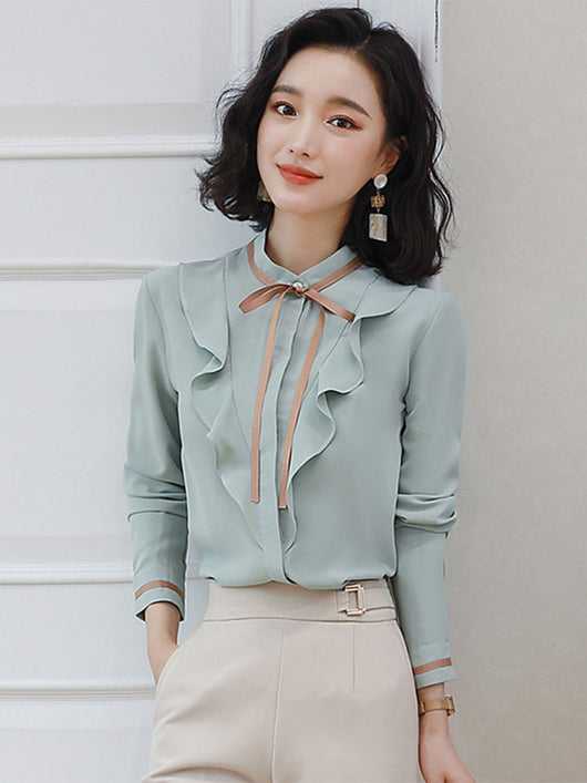 Blusa de Gasa Verde Estilo Occidental - Colección Otoño