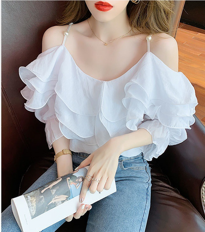 Blusa Chiffon Hombros Descubiertos con Volantes para Mujer - Image 12