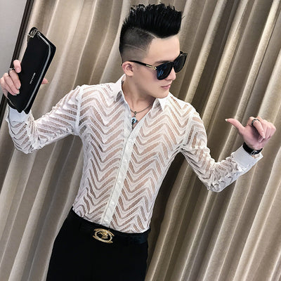 Camisa de Encaje Transparente para Hombre - Estilo Clubwear Moderno