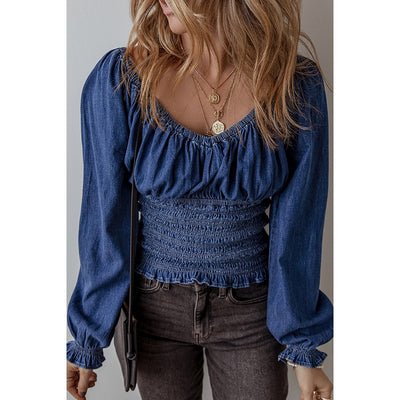 Blusa Denim con Escote en V y Mangas Largas para Mujer - Image 3