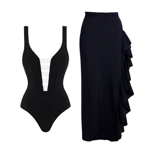 Black one-piece swimsuit with a deep V-neckline and white horizontal stitching detail across the plunge. - Image 4