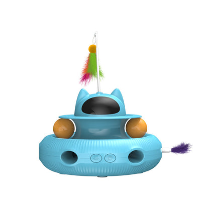 Orange automatic cat teaser toy with a laser, feather wand, and rolling balls, featuring a cat-ear design. - Image 4