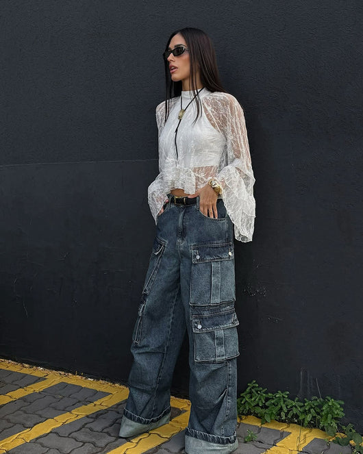 Blusa de Trabajo Blanca con Encaje Jacquard y Cuello Alto - Image 13