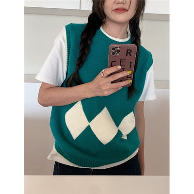 Chaleco Tejido Retro Rombos Apilables - Comodidad Versátil para Todo Estilo - Image 2