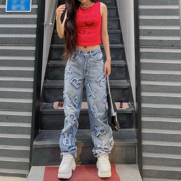 Jeans Rectos con Parche de Letra Personalizada Street