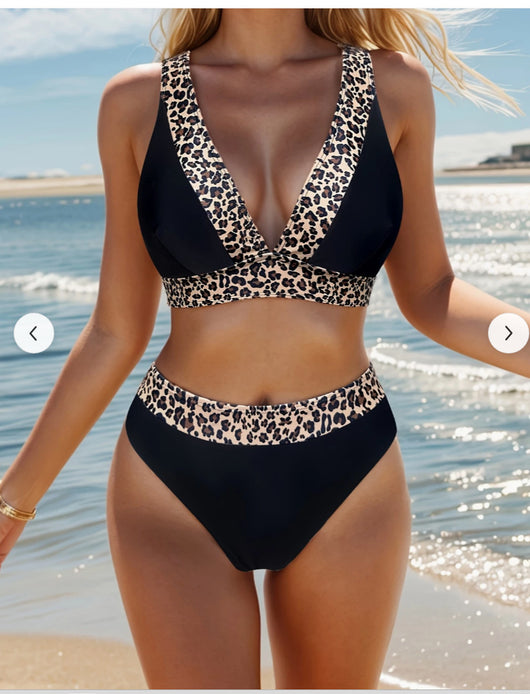 Woman wearing a black and leopard print push-up bikini with high-waisted bottoms on a sunny beach. - Image 7