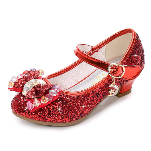 Red glitter Mary Jane shoes for girls with a decorative bow, clear and pink crystals, and a moon and star charm. - Image 12