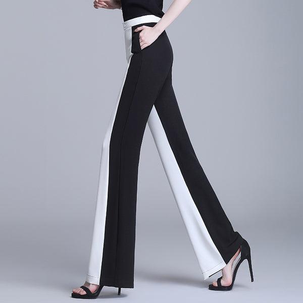 Pantalón Recto de Cintura Alta con Detalles de Costura en Blanco y Negro