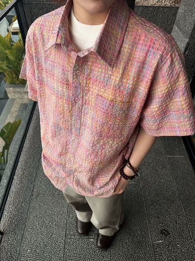 Camisa Cuadriculada Seersucker Suelta para Hombre - Manga Corta Verano - Image 29