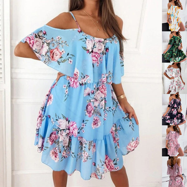 Vestido de Verano con Flores y Volantes - Diseño Hombros Descubiertos
