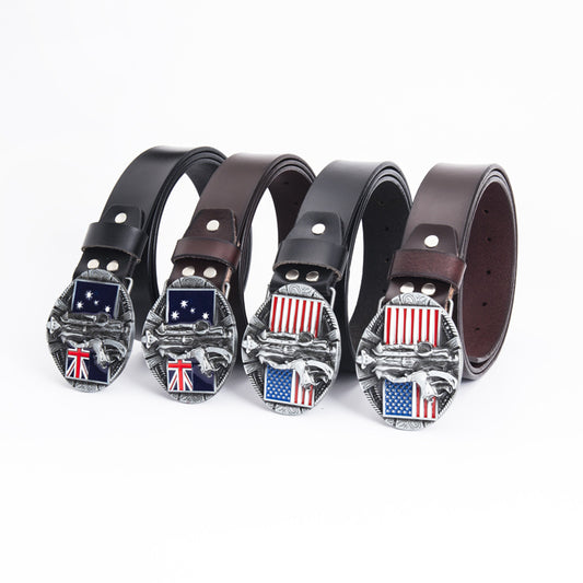 Cinturón de Cuero Genuino con Hebilla Bandera - Estilo Personalizado
