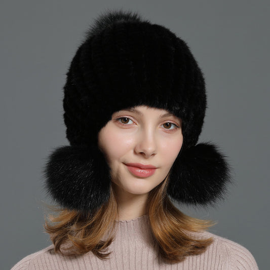 Gorro Coreano con Pompón de Piel de Zorro para Mujer